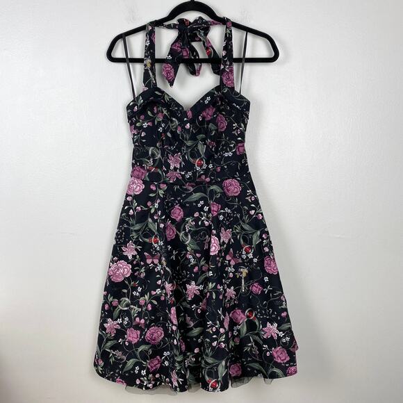 Hot Topic Floral Insect Swing Dress Black Halter Sweetheart Whisygoth Small - Picture 3 of 13